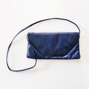 70s VTG dark royal blue leather envelope clutch - crossbody detachable strap